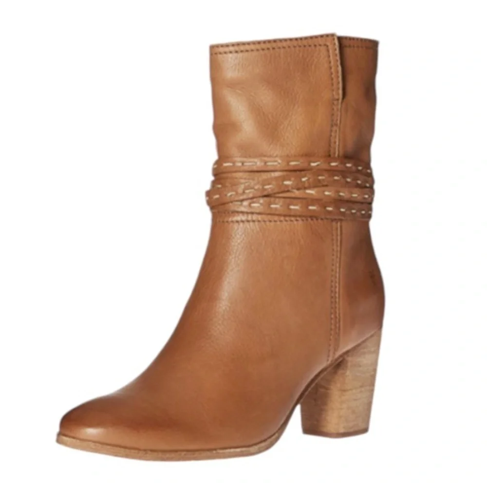 Frye Naomi Pickstitch Mid Boots Leather Whiskey Size 8.5 Women’s